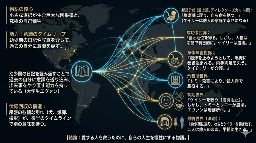 2004年の映画『バタフライ・エフェクト』をまとめた洗練されたダークなインフォグラフィック。暗い世界地図を背景に、ネオブルーとネオゴールドの causal networks（因果のネットワーク）と輝くラインが各ポイントを繋いでいる。すべての日本語テキストは大きく、説明密度が高く、通常1つのノードにつき1-2行で、現代的で非常に読みやすいフォントが使用されている。左側の情報カラムには、上から下へ次のように書かれている。『物語の核心』：『小さな選択が生む巨大な因果律と、究極の自己犠牲。』（物語の核心：小さな選択から巨大な因果関係が生まれ、究極の自己犠牲へ。）『能力：意識のタイムリープ』：『幼少期の日記や写真を介して、過去の自分に意識を戻す。』（能力：意識のタイムリープ：幼少期の日記や写真を介して意識を過去へ戻す。）能力の説明の下に、本をアイコンとしたデザインの中央の大きなノードには、次のようにラベルが配置されている。『幼少期の日記を読み返すことで過去の自分に意識を送り込み、出来事をやり直す能力を持っている (大学生エヴァン)』（彼は幼少期の日記を読み返すことで意識を過去へ送り込み、出来事をやり直す能力を持っている（大学生エヴァン）。）『伏線回収の構造』：『序盤の些細な別れ（犬、爆弾、撮影）が、後半のタイムラインで別の意味を持つ。』（伏線回収の構造：序盤の些細な別れ（犬、爆弾、撮影）が後半のタイムラインで別の意味を持つ。）右側のタイムラインは輝く causal network で繋がれ、「sacrifice の度合い」順に並んでいる。新規分岐（最上部、ディレクターズカット版）：ノードアイコン「へその緒」または「胎児」は、次のようにラベルが配置されている。『新規分岐（最上部、ディレクターズカット版）: 『胎児期に戻り、自ら命を絶つ。』（ケイリーは他人の家庭で幸せになる）』（新規分岐（最上部、ディレクターズカット版）：胎児期に戻り、自ら命を絶つ。（ケイリーは他人の家庭で幸せになる）。）成功者世界：ラベル『成功者世界: 『富と地位を得る。しかし、人格は冷酷で利己的に。ケイリーは崩壊。』』（成功者世界：富と地位を得る。しかし人格は冷酷で利己的に。ケイリーは崩壊。）。身体障害世界：ラベル『身体障害世界: 『爆弾を止めようとして、爆発に巻き込まれる。両手両足を失う。ケイリーが介護。』』（身体障害世界：爆弾を止めようとして爆発に巻き込まれる。両手両足を失う。ケイリーが介護。）。ノードアイコン「洗練された車椅子」。刑務所世界：ラベル『刑務所世界: 『トミー殺害により、殺人罪で服役する。』』（刑務所世界：トミー殺害により殺人罪で服役する。）。ノードアイコン「檻」または「刑務所の格子」。初期世界：ラベル『初期世界: 『ケイリーを救う（虐待阻止）。しかし、トミーとレニーが崩壊。エヴァンは刑務所へ。』』（初期世界：ケイリーを救う（虐待阻止）。しかしトミーとレニーが崩壊。エヴァンは刑務所へ。）。ノードアイコン（笑顔、折れたタバコ、拳、握手）。最終世界（決別）：ラベル『最終世界（決別）: 『幼少期に戻り、わざとケイリーを突き放す。二人は他人のまま、平穏に生きる。』』（最終世界（決別）：幼少期に戻り、わざとケイリーを突き放す。二人は他人のまま、平穏に生きる。）。ノードアイコン「幼少期の泣くケイリー」と「大人たちが街ですれ違う様子」。画像の下部中央に、まとめのラベルには次のように書かれている。『結論：愛する人を救うために、自らの人生を犠牲にする物語。』（結論：愛する人を救うために自らの人生を犠牲にする物語。）。