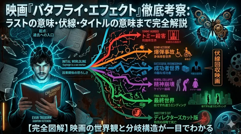 映画『バタフライ・エフェクト』の完全タイムライン図。幼少期の事件から刑務所世界、身体障害世界、成功者世界、ケイリー自殺世界、最終世界、ディレクターズカット世界までの時間改変を整理した図