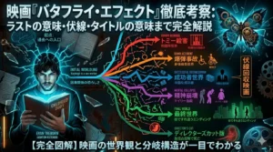 映画『バタフライ・エフェクト』の完全タイムライン図。幼少期の事件から刑務所世界、身体障害世界、成功者世界、ケイリー自殺世界、最終世界、ディレクターズカット世界までの時間改変を整理した図