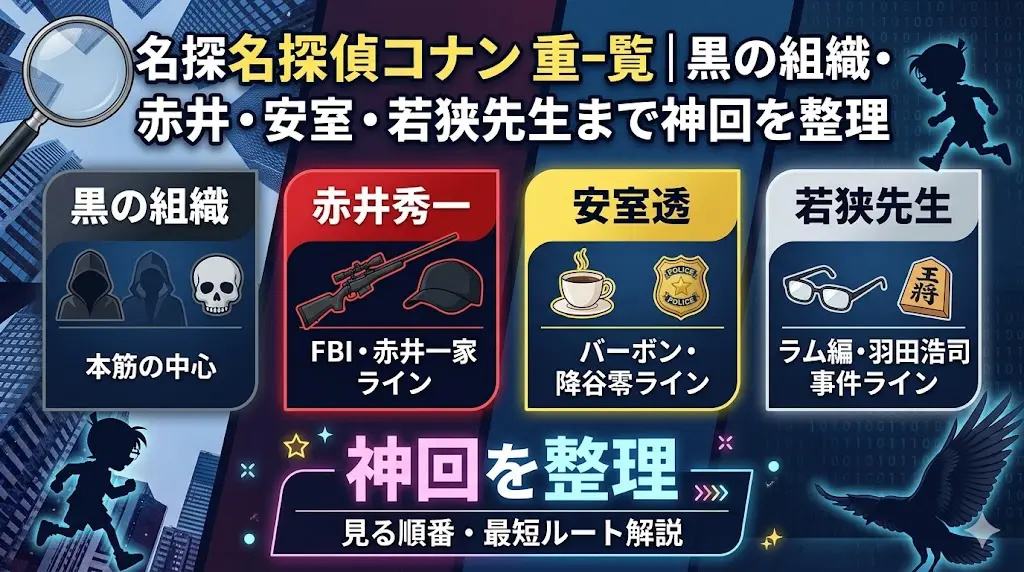 『名探偵コナン』重要回一覧のアイキャッチ画像。黒の組織、赤井秀一（FBI）、安室透（バーボン・降谷零）、若狭留美（ラム編）の4つの軸で神回を整理し、見る順番や最短ルートを解説することを伝えているデザイン。