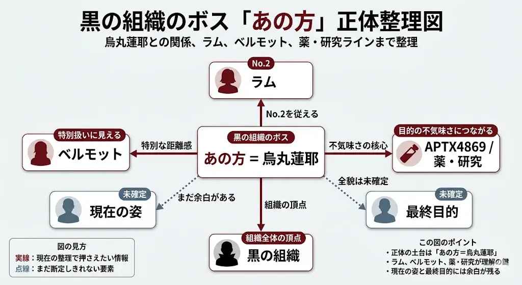 『名探偵コナン』の黒の組織のボス「あの方」の正体を整理したインフォグラフィック図。中心に「あの方 ＝ 烏丸蓮耶」が配置され、実線で繋がる「ラム（No.2）を従える」「ベルモットと特別な距離感」「薬・研究（APTX4869）が不気味さの核心」「黒の組織の頂点」という関係が示されている。点線で繋がる「現在の姿」と「最終目的」は未確定要素であると説明されている。図の見方とポイントも記載。