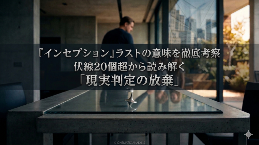 映画『インセプション』のラストシーンをモチーフにしたブログアイキャッチ画像。手前のテーブルで回り続けるコマにピントが合い、奥には子供たちのもとへ歩いていくコブの背中が写っている。画像中央に「『インセプション』ラストの意味を徹底考察｜伏線20個超から読み解く『現実判定の放棄』」というテキストが大きく配置されている。