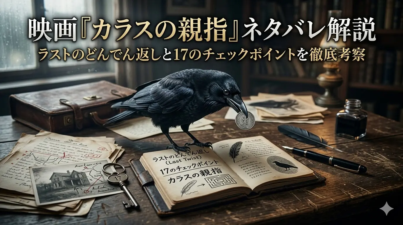 映画『カラスの親指』のネタバレ解説記事のためのアイキャッチ画像。アンティークな机の上にカラスが立っており、古びた本や鍵が並べられている。上部に日本語のタイトルロゴが配置されている。