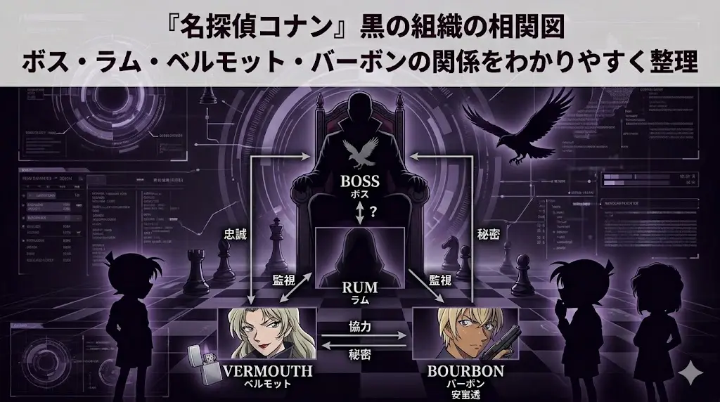 『名探偵コナン』の「黒ずくめの組織」に関する詳細な相関図。上部には「『名探偵コナン』 黒ずくめの組織の相関図 ボス・ラム・ベルモット・バーボンの関係をわかりやすく整理」という日本語のタイトルテキストがあります。中央上部には、玉座に座る影の人物（BOSS ボス ?）とカラスの紋章が描かれています。その真下には、別の影の人物（RUM ラム）がおり、両脇に監視の矢印が伸びています。左下には、ベルモットの肖像（ジン、ウォッカ、ライター）と「VERMOUTH ベルモット」の文字。右下には、バーボンの肖像（安室透と銃）と「BOURBON バーボン 安室透」の文字があります。矢印によって、忠誠、秘密、監視、協力、秘密などの複雑な関係性が日本語で示されています。背景は暗い紫色の未来的なインターフェースと巨大なチェスの駒。左右には、コナンと少年探偵団のシルエットが配置されています。