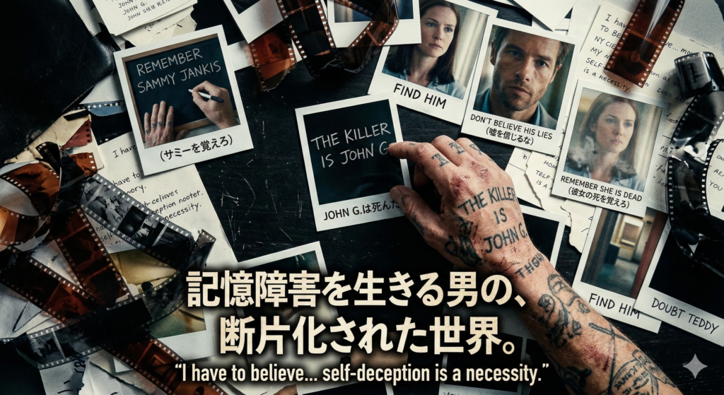 映画『メメント』のネタバレ考察記事用アイキャッチ画像。中心にレナードの顔を構成するパズルがあり、周囲にポラロイド写真、フィルム、パズルのピースが渦を巻いている。画像上部に「【ネタバレ考察】」、中心にタイトルロゴ「メメント」、下部に「ラストの意味とは? 時系列と伏線を完全解説」という日本語テキストがある。身体には「THE KILLER IS JOHN G.」「REMEMBER SAMMY JANKIS」「DON'T BELIEVE HIS LIES」などのタトゥーと、日本語で「JOHN G.は死んだ」「サミーを覚えろ」という書き込みが描写されている。フィルムには「記憶 (MEMORY)」「時間 (TIME)」「逆行 (REVERSE)」の時間軸が示されている。