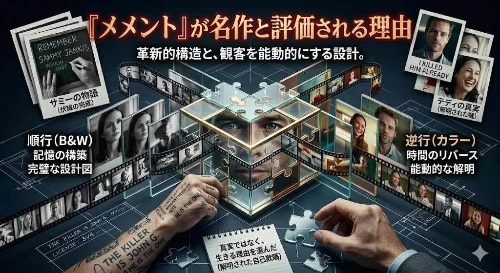 映画『メメント』の複雑な構成を視覚的に解説する、フローチャートとパズルを組み合わせたデザインのアイキャッチ画像。中央にガラスのパズルボックスに閉じ込められた男性の目。上部にタイトル「『メメント』が名作と評価される理由」とサブタイトル「革新的構造と、観客を能動的にする設計。」。左側に「順行 (B&W) 記憶の構築 完璧な設計図」と「サミーの物語(伏線の完成)」のメモ。右側に「逆行 (カラー) 時間のリバース 能動的な解明」と「テディの真実(解明された嘘)」のメモ。下部には男性の手がパズルを操作しており、メモ帳に「真実ではなく、生きる理由を選んだ(解明された自己欺瞞)」と書かれている。