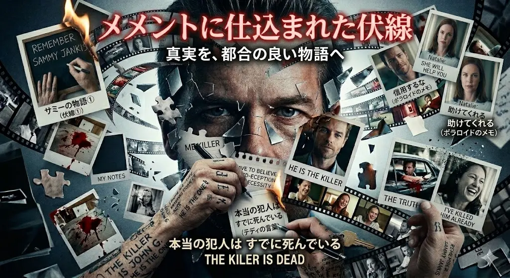 映画『メメント』の伏線解説用アイキャッチ画像。パズル状のレナードの顔を中心に、劇中の重要な断片がコラージュされている。上部には「メメントに仕込まれた伏線」「真実を、都合の良い物語へ」というテキスト。画像内には「サミーの物語①(伏線①)」「信用するな(ポラロイドのメモ)」「助けてくれる」「本当の犯人はすでに死んでいる(テディの言葉)」といった日本語の解説が各所に配置されている。燃えるポラロイドや「THE KILLER IS DEAD」の文字、複雑に絡み合うフィルムが、虚構と真実が混ざり合う物語構造を表現したデザイン。
