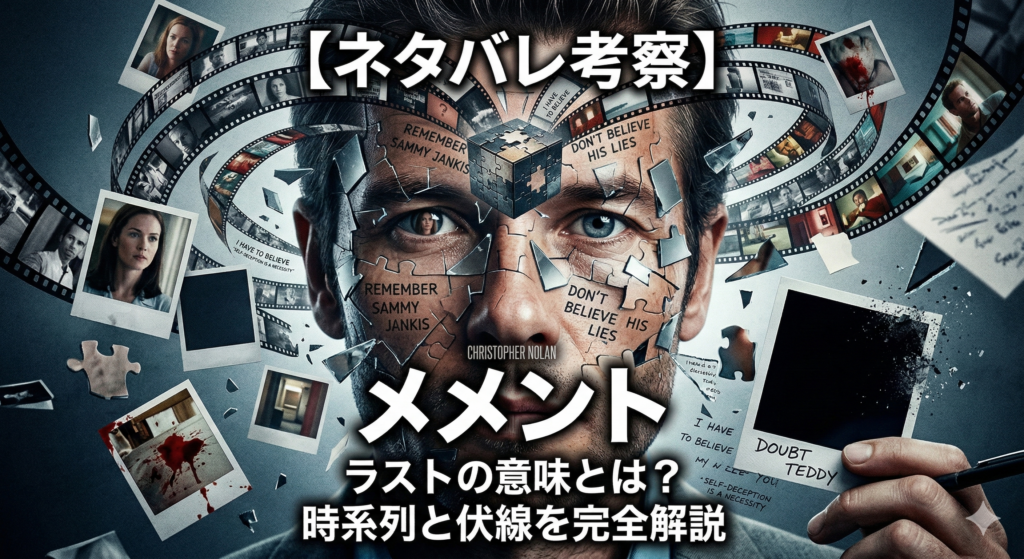 映画『メメント』のネタバレ考察記事用アイキャッチ画像。主人公レナードの顔を中心に、物語を象徴するポラロイド写真やパズルのピース、バラバラになったフィルムが渦を巻くように配置されたデザイン。「メメント ラストの意味とは？時系列と伏線を完全解説」というタイトル文字が入っている。