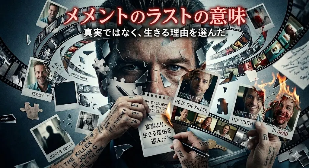 映画『メメント』のラストシーンの意味を考察するアイキャッチ画像。中心にはレナードの顔のパズルがあり、上部には大きな赤文字で「メメントのラストの意味」、その下に「真実ではなく、生きる理由を選んだ」という日本語テキスト。中央ではレナードの手が「真実より、生きる理由を選んだ」と書かれたメモをペンで記している。周囲には「DOUBT TEDDY(テディを疑え)」「HE IS THE KILLER(彼が犯人だ)」「DON'T TRUST THE TRUTH(真実を信じるな)」といった英語のポラロイドやメモ、タトゥーが散りばめられ、自己欺瞞の末の決断を視覚化したデザイン。