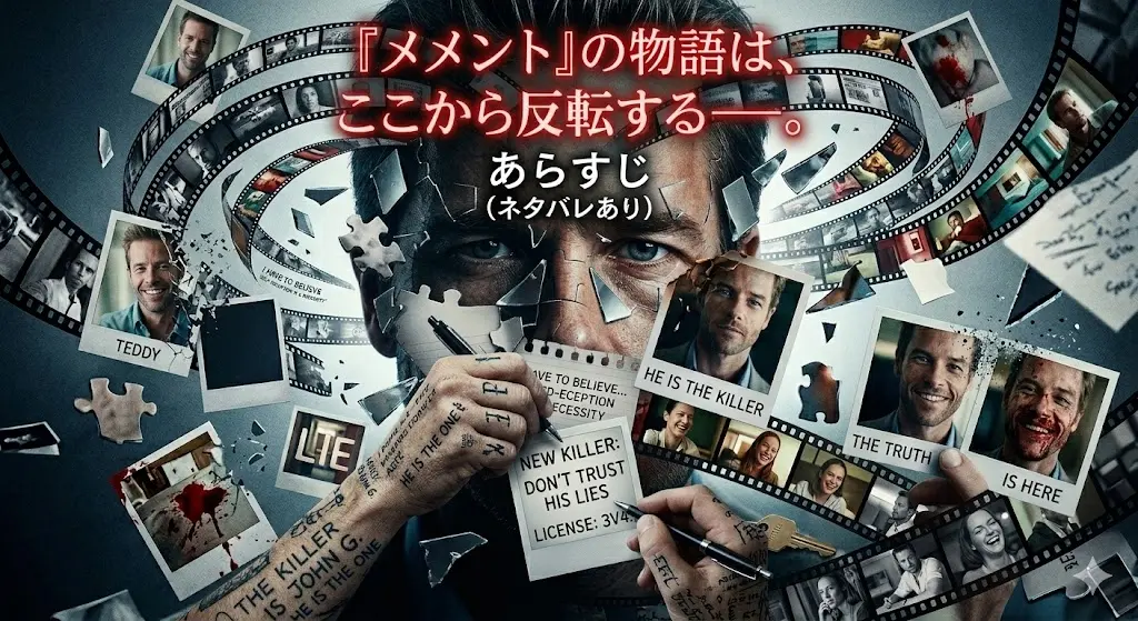 映画『メメント』のあらすじ(ネタバレあり)に関する複雑なコラージュ画像。中心に主人公レナードの顔のパズル、周囲にモノクロ(順行)とカラー(逆行)の時間軸が交差するフィルム、ポラロイド、タトゥー、メモが散りばめられている。画像上部に大文字で『『メメント』の物語は、ここから反転する――。 あらすじ(ネタバレあり)』という日本語テキストがある。身体のタトゥーやメモには、『THE KILLER IS JOHN G.』『REMEMBER SAMMY JANKIS』『DON'T BELIEVE HIS LIES』『LICENSE: 3V4...』などの英語テキストが描写されている。テディが彼に見せた、彼自身の bloody face が写ったポラロイドがあり、『THE TRUTH IS HERE』という言葉が crumbling/dissolving(崩壊/溶解)している。また、自己欺瞞に関する crumbling note もある。全体的に情報の断片が集まり、自己欺瞞によって崩壊と再構築を繰り返している。