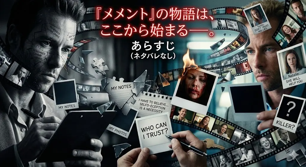 映画『メメント』のあらすじ(ネタバレなし)解説記事用アイキャッチ画像。中心に主人公レナードの顔を構成するパズルがあり、モノクロとカラーの時間軸が複雑に交差している。周囲にポラロイド写真、フィルム、パズルのピース、メモが散りばめられ、情報の断片を視覚化している。画像上部に日本語の大きなテキストで『『メメント』の物語は、ここから始まる――。 あらすじ(ネタバレなし)』とある。身体やメモにはタトゥーや書き込みで『DON'T BELIEVE HIS LIES(彼の嘘を信じるな)』『REMEMBER SAMMY JANKIS(サミー・ジャンキスを覚えろ)』『WHO CAN I TRUST?(誰を信じられる?)』『KILLER(殺人犯)』『MY NOTES(私のメモ)』『MY PHOTOS(私の写真)』などの英語テキストが描写されている。自己欺瞞に関する英語のメモもある。全体的に複雑な情報の断片が集まっている。
