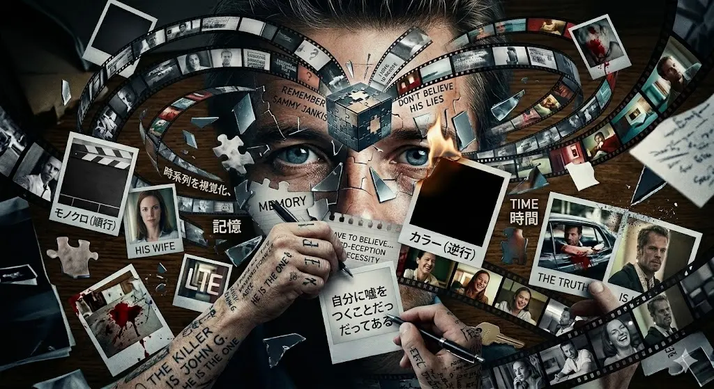 映画『メメント』の時系列解説用アイキャッチ画像。レナードの顔を模したパズルを中心に、2つの時間軸を示すフィルムが渦巻いている。フィルムには「モノクロ(順行)」「カラー(逆行)」、背景には「時系列を視覚化」「記憶」「時間(TIME)」の文字。中央ではレナードの手が「自分に嘘をつくことだってある」と日本語で書かれたメモを記している。周囲にはポラロイド写真や「THE KILLER IS JOHN G.」などのタトゥー、パズルのピースが散りばめられ、複雑な物語構造を視覚化したデザイン。