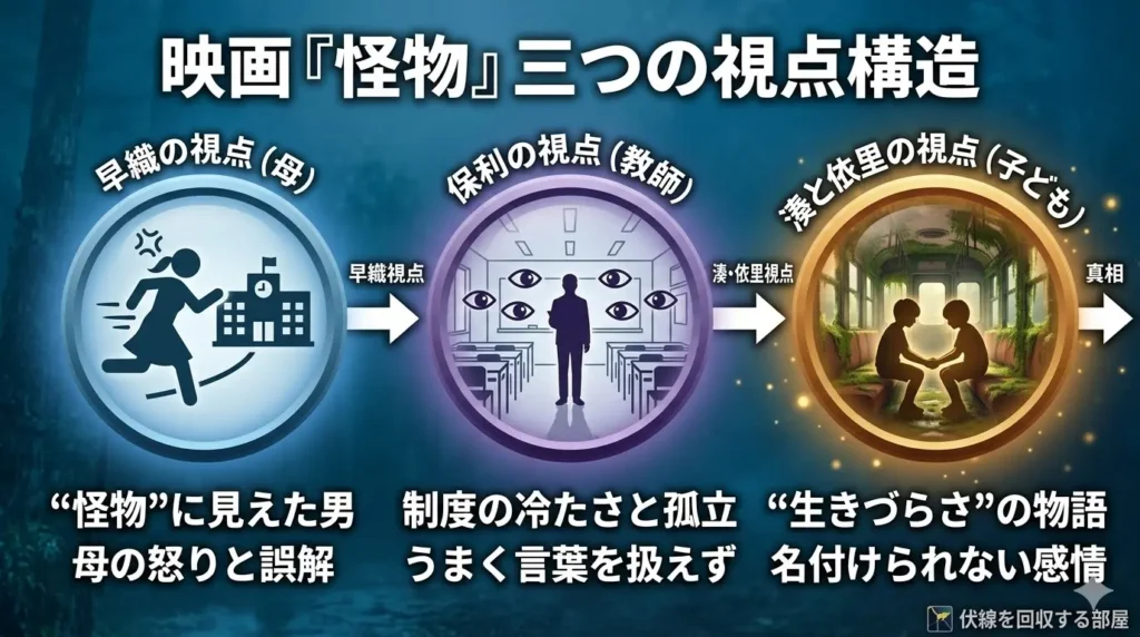 映画『怪物』の三つの視点構造を示した図解。早織の視点、保利の視点、湊と依里の視点へ進むことで真相に近づく構成を説明した画像。