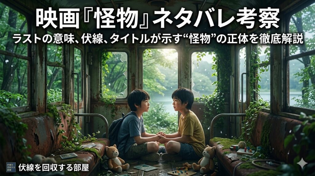 映画『怪物』ネタバレ考察のアイキャッチ画像。廃電車の中で向かい合う二人の少年を背景に、ラストの意味や伏線、“怪物”の正体を解説する記事タイトルを配置。