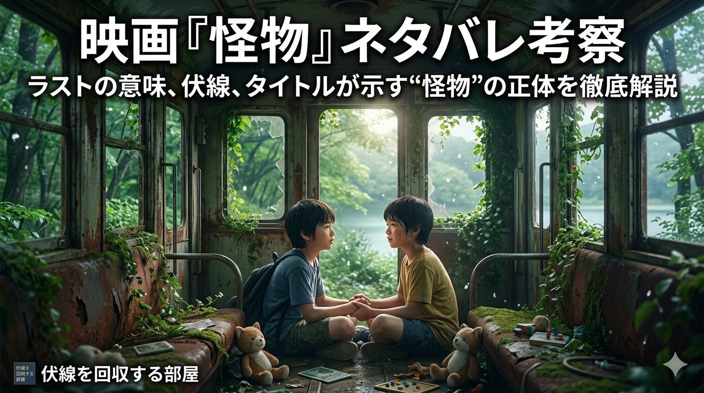 映画『怪物』ネタバレ考察のアイキャッチ画像。廃電車の中で向かい合う二人の少年を背景に、ラストの意味や伏線、“怪物”の正体を解説する記事タイトルを配置。