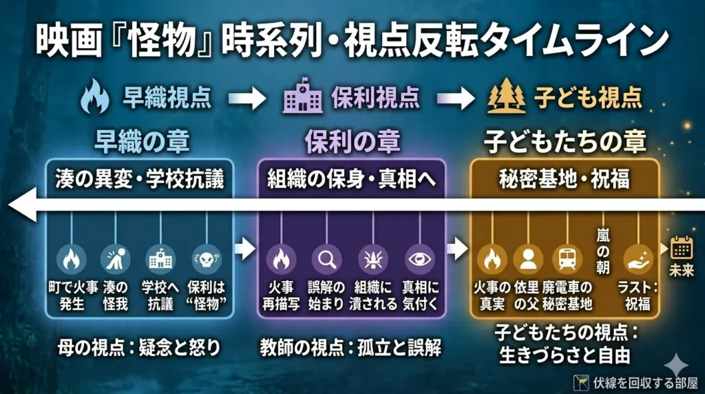 映画『怪物』の時系列と視点反転を整理した図解。早織、保利、子どもたちの各視点で出来事の意味がどう変わるかをタイムライン形式で示した画像。
