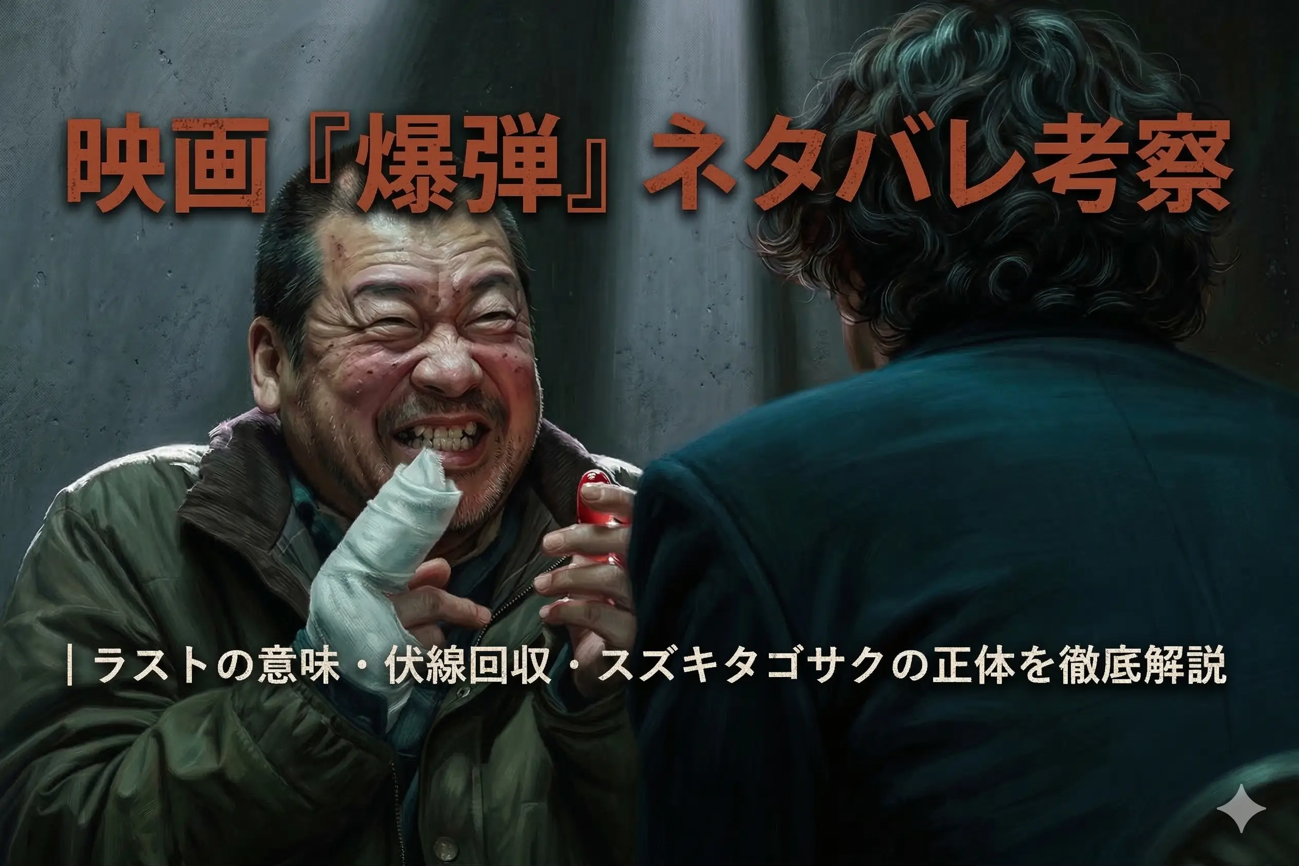 暗く、重苦しいコンクリート壁の取調室または廊下を背景に、剃髪した頭部の頂点に円形の剥げがある中年アジア人男性の顔が、こちらを睨みつけるような不気味な表情でクローズアップされている。Dramaticでローキーな映画のサスペンススリラー風の画像。画像上部の大きなテクスチャのある和文テキストは「映画『爆弾』ネタバレ考察 (Movie 'Bomb' Spoiler Analysis)」、その下の小さなテキストは「ラストの意味・伏線回収・スズキタゴサクの正体を徹底解説 (Thorough explanation of the meaning of the ending, recovery of foreshadowing, and Suzuki Tagosaku's true identity)」と読める。彼の頭を囲むように、赤い glowing wire 効果の和文テキストラベル（「ラストの意味, スズキタゴサクの正体, 伏線回収, 徹底解説, 何者か？, 言葉の怖さ, 倫理・正義」）が議論ポイントとして配置されている。ブログ記事の見出し画像。