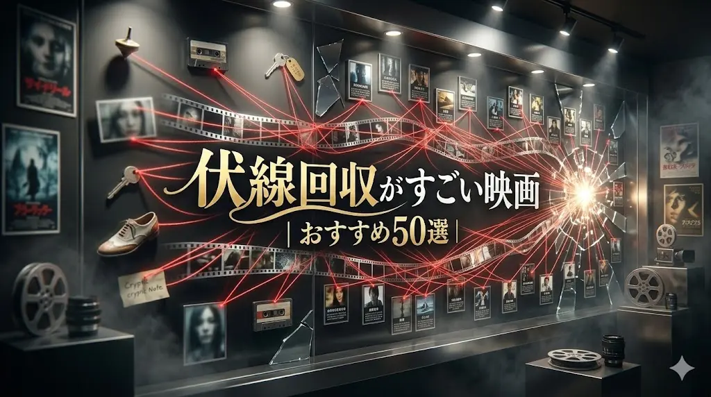 「伏線回収がすごい映画おすすめ50選」の日本語タイトルと、赤い糸で繋がれた映画の伏線と結末を象徴するパズルのようなイメージ画像
