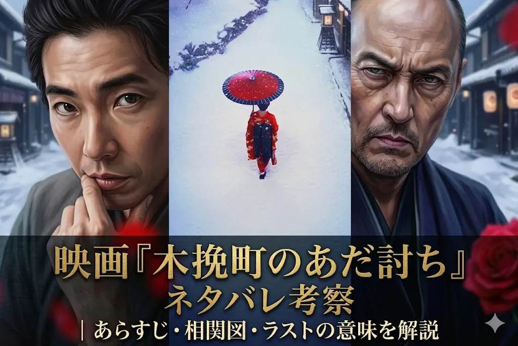 映画『木挽町のあだ討ち』のネタバレ考察用アイキャッチ画像。3分割されたパネルで、雪の降る伝統的な町を背景に、思案する若い男性、和傘を差して歩く着物女性の後ろ姿、厳格な表情の年配男性が描かれている。下部に金色のテキストで『映画『木挽町のあだ討ち』ネタバレ考察 ｜あらすじ・相関図・ラストの意味を解説』と記されている。