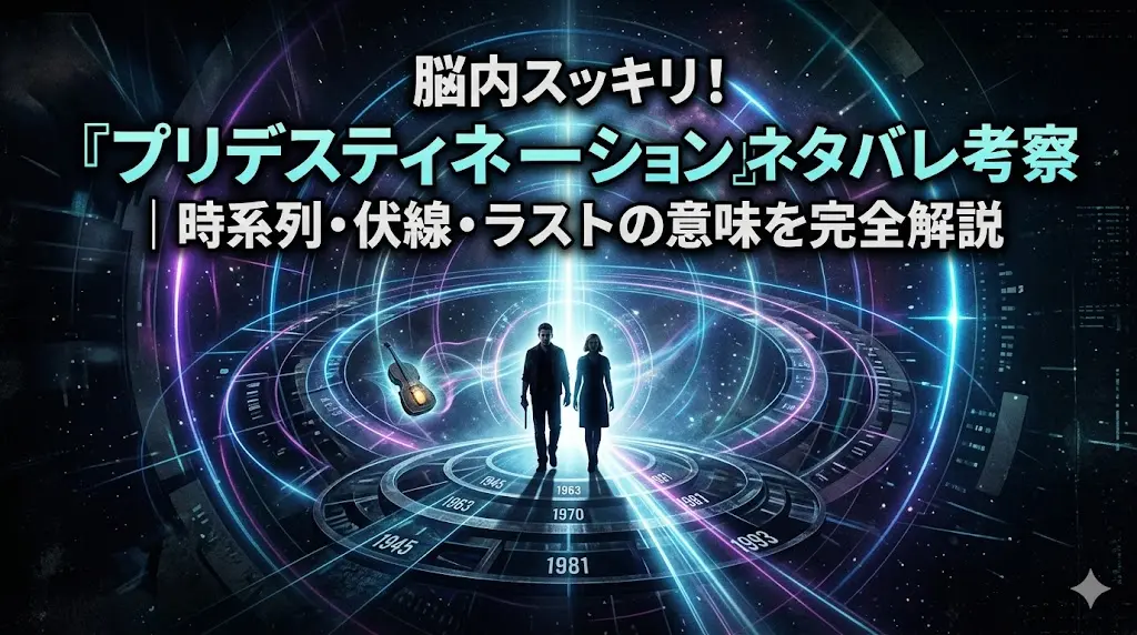 「映画『プリデスティネーション』のネタバレ考察記事用アイキャッチ画像。時空を歩く二人の人物のシルエット、年号が刻まれた時間軸、宙に浮くヴァイオリンケースが描かれたSF的なデザイン。テキストで『脳内スッキリ！『プリデスティネーション』ネタバレ考察｜時系列・伏線・ラストの意味を完全解説』と記載。」