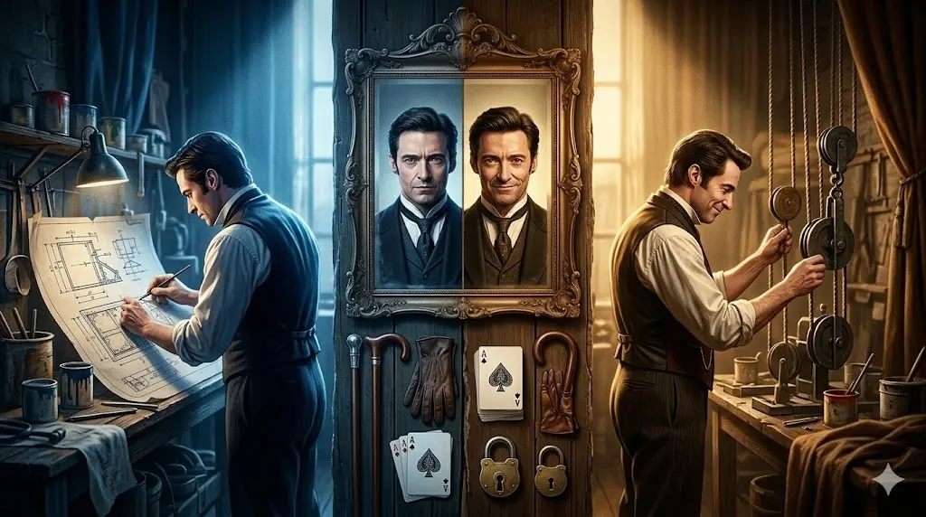 見出し「ボーデンのトリックの正体」のアイキャッチ。19世紀の劇場の楽屋。大きな鏡の左右に、同一人物（アルフレッド・ボーデン）が異なる表情（片方は冷酷、片方は柔和）で対峙している。鏡の中の反射もまた、異なる表情を見せている。周囲には重複した小道具（2つの鳥かご、2つの懐中時計、2本の杖）が散乱し、彼らの二重生活（双子）を象徴する、ミステリアスで概念的なビジュアル。