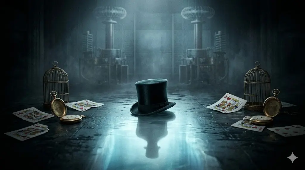 見出し「プレステージのラストの意味」のアイキャッチ。ヴィクトリア朝の薄暗い舞台の床に置かれた1つの黒いシルクハットが、下からの奇妙な光によって、2人の同一人物（幽霊のような影）を反射している。周囲には重複したマジックの小道具（2つの鳥かご、2つの懐中時計）が散乱し、背後にはテスラ装置の残骸が荒涼と横たわっている、悲劇的で概念的なビジュアル。