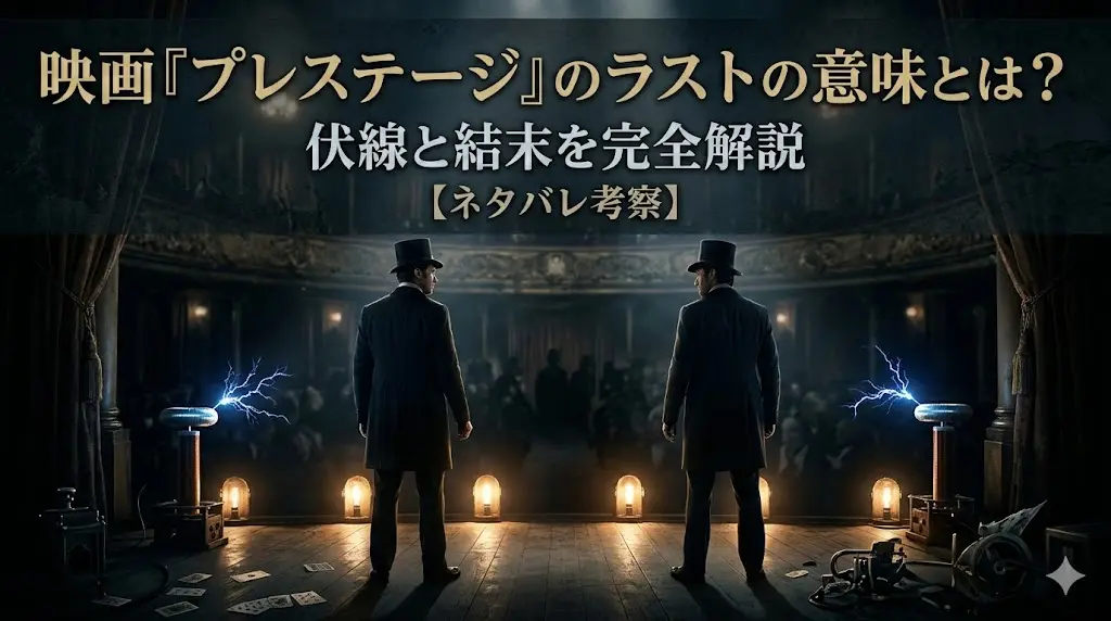 映画『プレステージ』のネタバレ解説記事用アイキャッチ。薄暗いヴィクトリア朝の劇場の舞台で、テスラコイルの電気が青く光る中、シルクハットをかぶった二人のマジシャンが対峙する、重厚でミステリアスな映画ポスター風のデザイン。