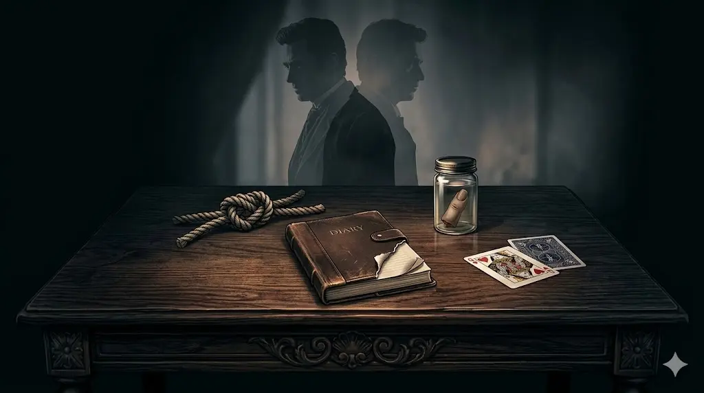 見出し「プレステージに仕込まれた伏線」のアイキャッチ。ヴィクトリア朝の薄暗い作業台の上に、伏線となる「結ばれたロープ」「破れた日記」「瓶に入った切り落とされた指」「二面性のあるトランプ」が散乱している。背景には、同一人物の二つのシルエットが重なり合うように微かに浮かび上がり、真実が隠されていたことを象徴するミステリアスなビジュアル（16:9）。