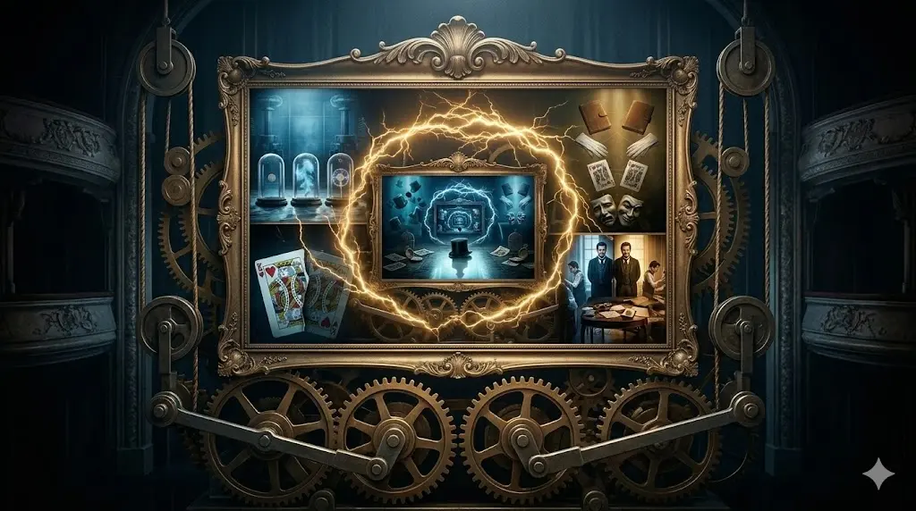 見出し「『プレステージ』が名作と評価される理由」のアイキャッチ。ヴィクトリア朝の薄暗い舞台機構の中に、映画の時系列と伏線を象徴する「複数の日記」「古いフィルムリール」「テスラ装置の設計図」「水槽のスケッチ」などが散乱し、それらが金色の電気的な線で結びついて再帰的な螺旋を形成している、洗練された複雑なパズルのような構図。