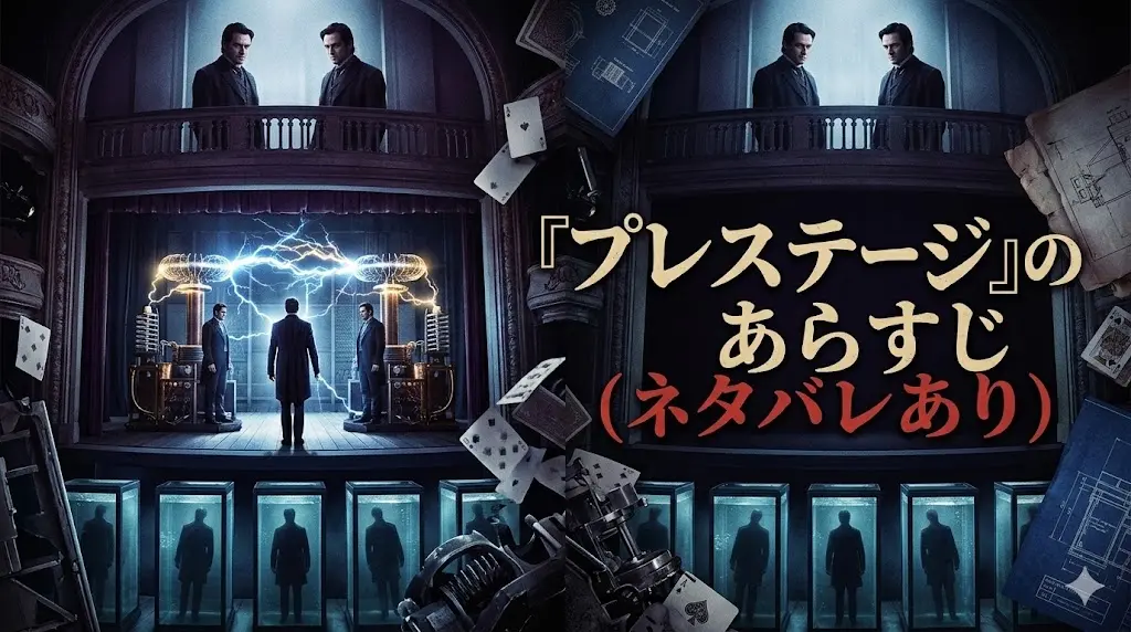 見出し「『プレステージ』のあらすじ（ネタバレあり）」のアイキャッチ。ヴィクトリア朝の劇場の舞台に、テスラコイルの電気が光る複製装置が置かれ、その下に沈没した水槽に複数の死体（アンジャーの複製）が沈んでいる。同時に、上部のバルコニーから二人の同一人物（ボーデンの双子）がそれを見下ろしている、再帰的でショッキングなビジュアル。