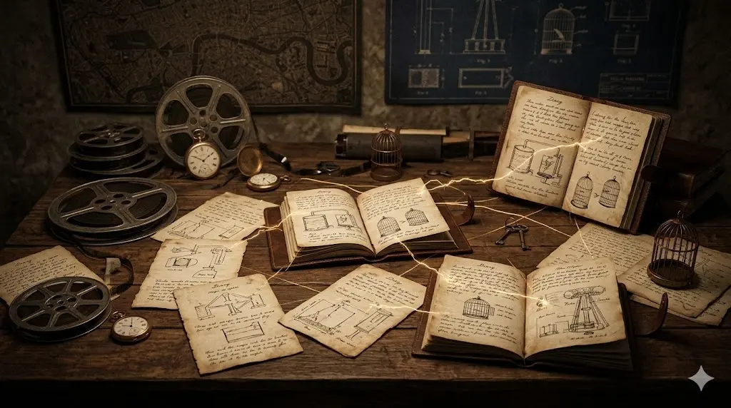 見出し「プレステージのストーリーを整理」のアイキャッチ。ヴィクトリア朝の薄暗い作業台の上に、映画の時系列を象徴する「複数の日記」「古いフィルムリール」「テスラ装置の設計図」「水槽のスケッチ」などが散乱し、それらが金色の電気的な線で結びついている、ミステリアスで複雑なパズルのような構図。