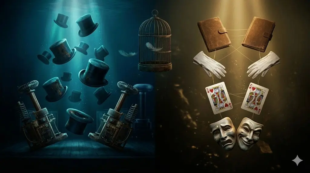 見出し「『プレステージ』の考察｜この映画が描いているテーマ」のアイキャッチ。ヴィクトリア朝の薄暗い舞台の床に置かれた1本の杖が、下からの奇妙な光によって、3つの幽霊のような物体（普通のコイン、消えた煙、再び現れる電気的なコイン）を反射している。周囲には重複したマジックの小道具（2つの鳥かご、2つの懐中時計）が散乱し、背後にはテスラ装置の残骸が荒涼と横たわっている、悲劇的で概念的なビジュアル。