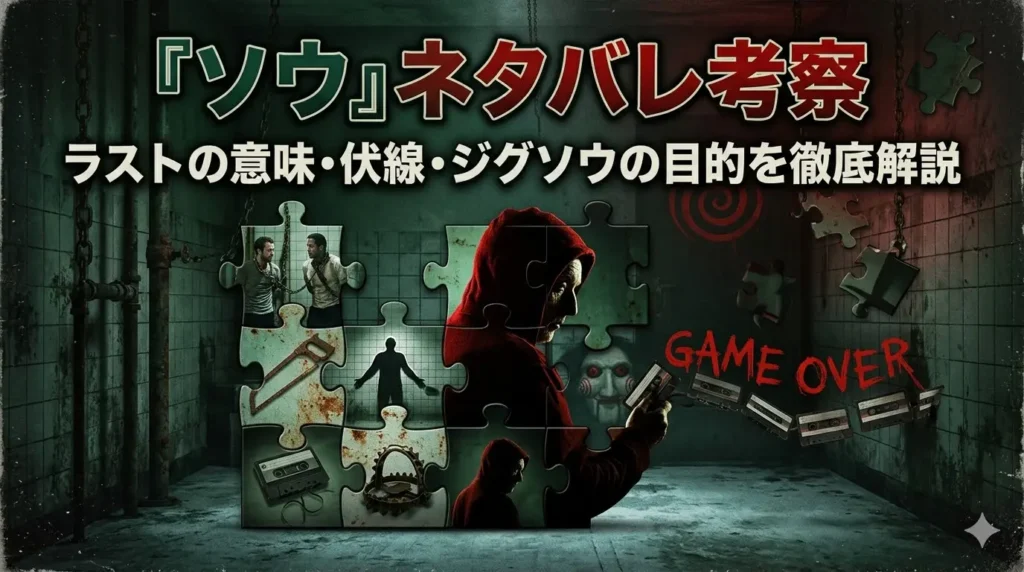 映画『ソウ』のネタバレ考察記事用アイキャッチ画像。中央にジグソウのシルエットとパズルピースのコラージュ、背景にバスルームやビリー人形、ノコギリが描かれ、「ラストの意味・伏線・目的を徹底解説」というタイトル文字が入っている。