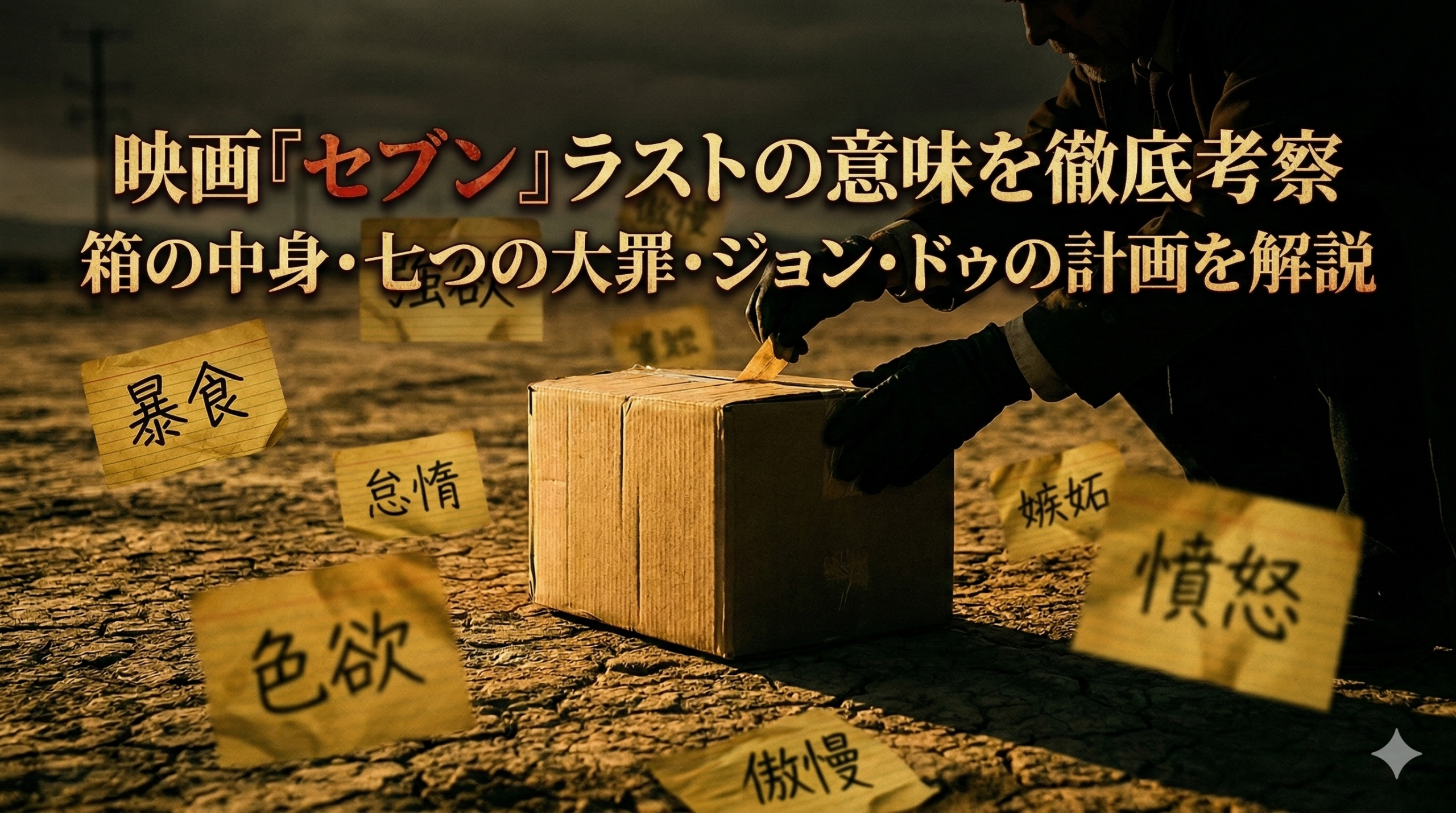 映画『セブン』徹底考察記事用のアイキャッチ。デヴィッド・フィンチャー監督らしい、緑がかったネオ・ノワール様式の冷たく湿った荒野（ラストシーンの舞台）を背景に、ジョン・ドゥ（連続殺人犯）が長い時間をかけて準備したと思われる「血で汚れた日記の切れ端」が7枚、浮遊している。それぞれの切れ端には、Manic Script体で「暴食」「強欲」「怠惰」「色欲」「傲慢」「嫉妬」「憤怒」という、七つの大罪の日本語訳が書かれている。切れ端が剥がされた下には、映画史に残る「衝撃の箱」が1つ、まだ閉じられた状態で隠されており、観客の不安を掻きたてるゲートとして機能している。切れ端が順番に並んでいないことは、計画がまだ未完成であり、ラストで完成することを示唆する伏線である。右下の霧の中には、犯人のシルエットが冷徹に儀式を監視しており、左上部には大きく「映画『セブン』ラストの意味を徹底考察｜箱の中身・七つの大罪・ジョン・ドゥの計画を解説」というタイトルが読みやすいフォントで配置されている。伏線回収・どんでん返し専門家による徹底解析スタンプにより、E-E-A-T（専門性）を視覚的に担保している。