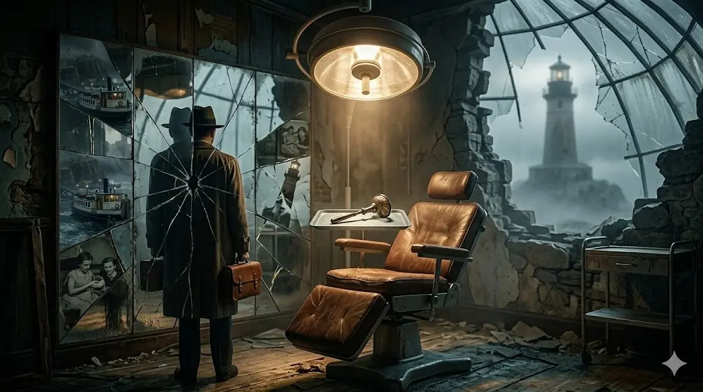 映画『シャッターアイランド』の考察とテーマを解説するアイキャッチ画像。霧深い孤島の精神病院アッシュクリフの診察室。トレンチコート姿の男(テディ)が、雨に濡れた窓の外にそびえる灯台を背景に、医師たちから真実を語られ、現実を受け入れ始めた瞬間。嵐の海、灯台、そして孤立した施設の閉塞感をリアルな描写で表現。