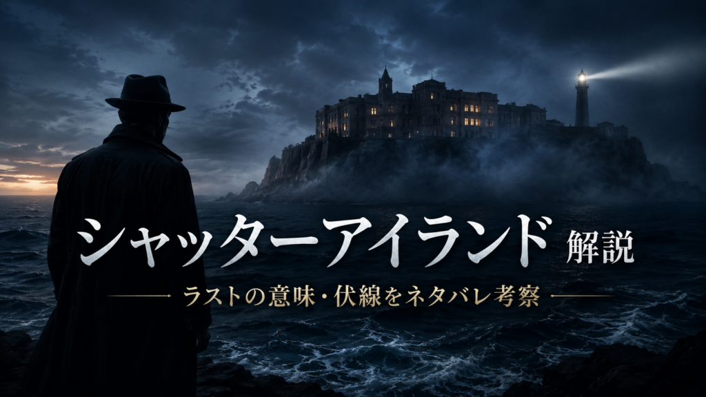 嵐の海に囲まれた孤島と灯台を背景に、コート姿の男が精神病院を見つめる映画『シャッターアイランド』解説記事のアイキャッチ画像。ラストの意味と伏線考察を表現している。