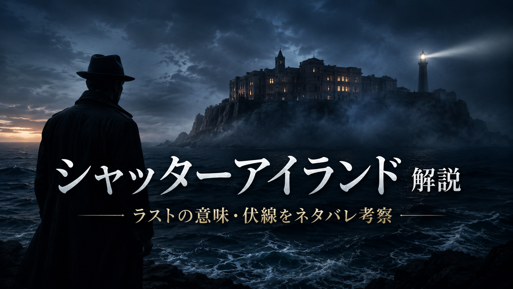 嵐の海に囲まれた孤島と灯台を背景に、コート姿の男が精神病院を見つめる映画『シャッターアイランド』解説記事のアイキャッチ画像。ラストの意味と伏線考察を表現している。