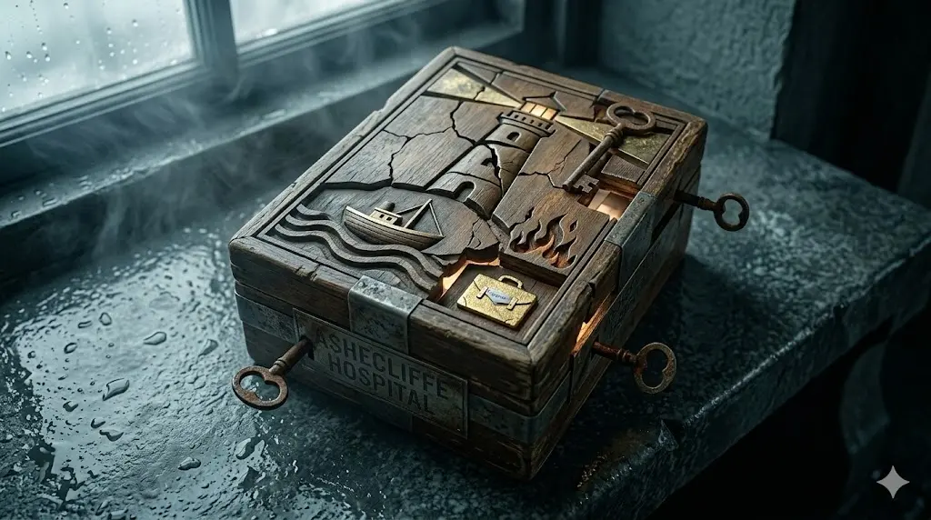 映画『シャッターアイランド』の伏線を解説するアイキャッチ画像。霧深い孤島の精神病院アッシュクリフの廊下。トレンチコート姿の男(テディ)が、雨に濡れた窓の外にそびえる灯台を背景に、医師たちから真実を語られ、現実を受け入れ始めた瞬間。嵐の海、灯台、そして孤立した施設の閉塞感をリアルな描写で表現。