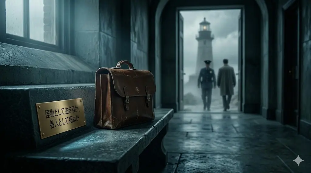 映画『シャッターアイランド』のラストシーンを解説するアイキャッチ画像。霧深い孤島の精神病院アッシュクリフの廊下。トレンチコート姿の男(テディ)が、雨に濡れた窓の外にそびえる灯台を背景に、医師たちから真実を語られ、現実を受け入れ始めた瞬間。嵐の海、灯台、そして孤立した施設の閉塞感をリアルな描写で表現。