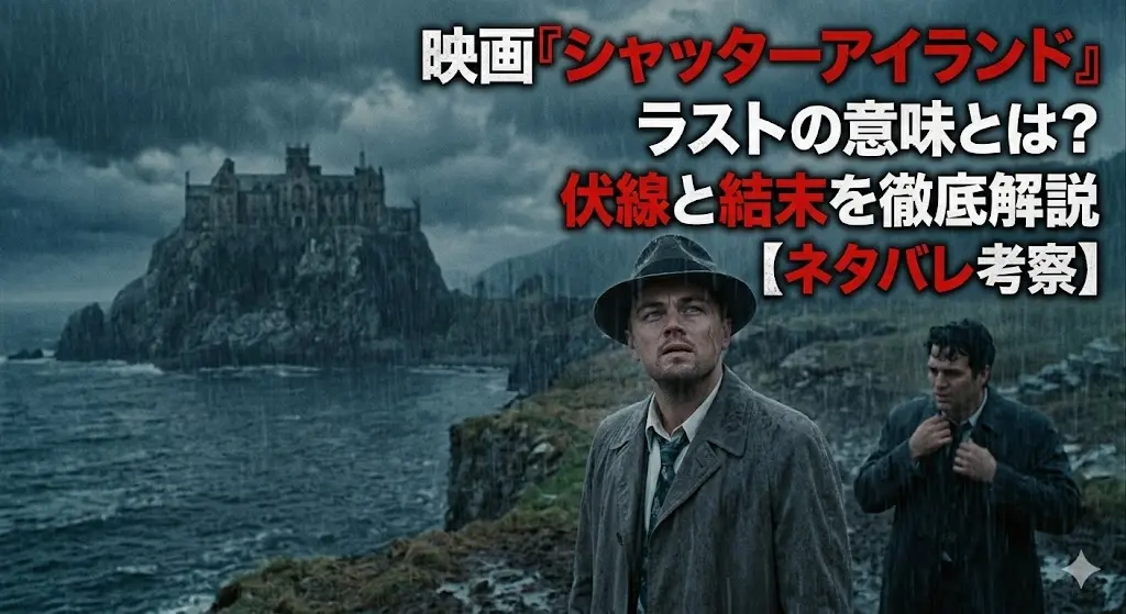 映画『シャッターアイランド』の考察記事用アイキャッチ画像。雨に濡れた断崖絶壁に立つレオナルド・ディカプリオ(テディ・ダニエルズ)と、少し後ろで襟を正すマーク・ラファロ(チャック・アウル)。背景には海に囲まれた不気味なアッシュクリフ病院の建物。右上には「映画『シャッターアイランド』ラストの意味とは?伏線と結末を徹底解説【ネタバレ考察】」という日本語のタイトルテキスト。重くミステリアスな雰囲気。