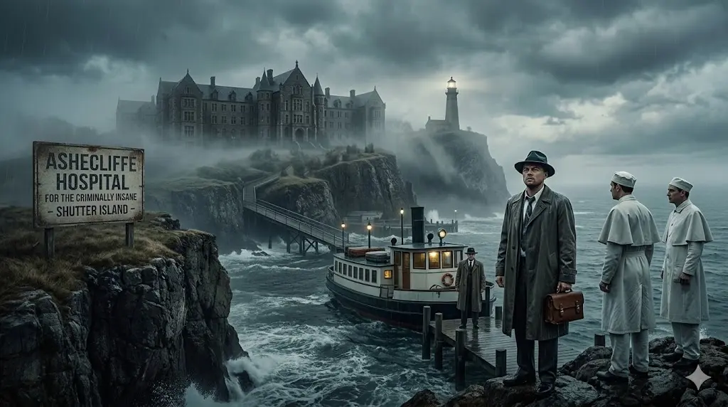 映画『シャッターアイランド』のネタバレなしあらすじを解説するアイキャッチ画像。霧深い孤島の精神病院アッシュクリフに上陸した、トレンチコート姿の連邦保安官テディが、不気味な雰囲気の職員たちに迎えられる。嵐の海、灯台、そして孤立した施設の閉塞感をリアルな描写で表現。