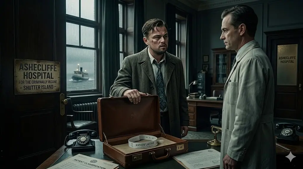 映画『シャッターアイランド』のネタバレありあらすじを解説するアイキャッチ画像。霧深い孤島の精神病院アッシュクリフの診察室。トレンチコート姿の連邦保安官テディが、医師たちから真実を語られ、現実を受け入れ始めた瞬間。嵐の海、灯台、そして孤立した施設の閉塞感をリアルな描写で表現。