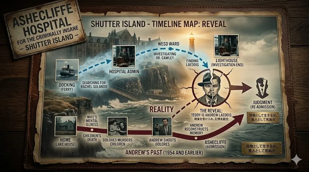映画『シャッターアイランド』の複雑なストーリーと時系列を解説するアイキャッチ画像。霧深い孤島の不気味な地図を背景に、連邦保安官テディが妄想の中で追った偽の捜査タイムライン(上)と、患者アンドリューが体験した残酷な過去の現実タイムライン(下)を、矢印と小さな写真で視覚的に整理。中央の灯台で2つの現実が交差する構造。リアルな描写。