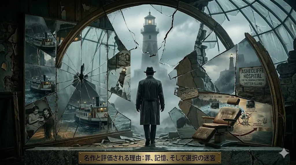 映画『シャッターアイランド』の深いテーマを視覚化した、名作と評価される理由を解説するアイキャッチ画像。霧深い孤島の精神病院アッシュクリフを背景に、崩れかけた巨大な鏡の破片に、テディの捜査シーン、子供たちの記憶、そして現実のタイムラインが映し出されている。中央の灯台がすべてを象徴する、リアルでハイクオリティな映画的描写。