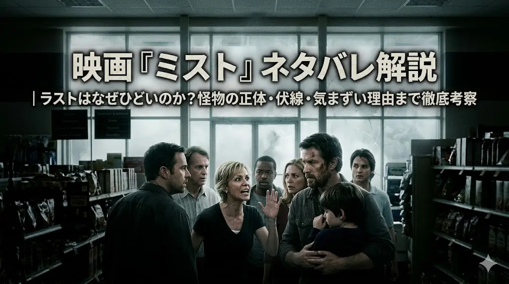 映画『ミスト』のネタバレ解説用アイキャッチ画像。厚い霧に包まれたスーパーマーケットの店内で、極限状態に陥り互いを不信感で見つめ合う群衆と、中央で息子を固く抱きしめる父親の姿。画像上部には「映画『ミスト』ネタバレ解説」のタイトルテキスト。