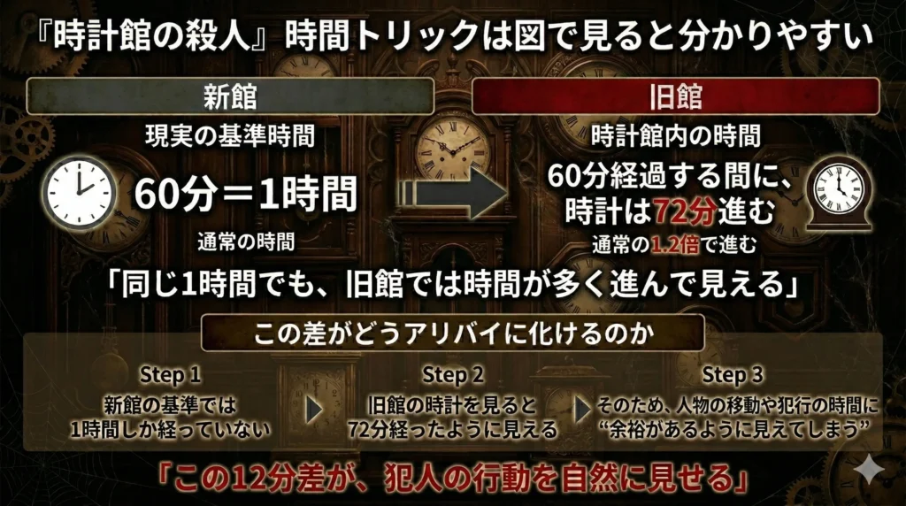 時計館の殺人の時間トリック図解。新館と旧館の時間の進み方の違いと、12分差がアリバイに見える仕組みを整理した図