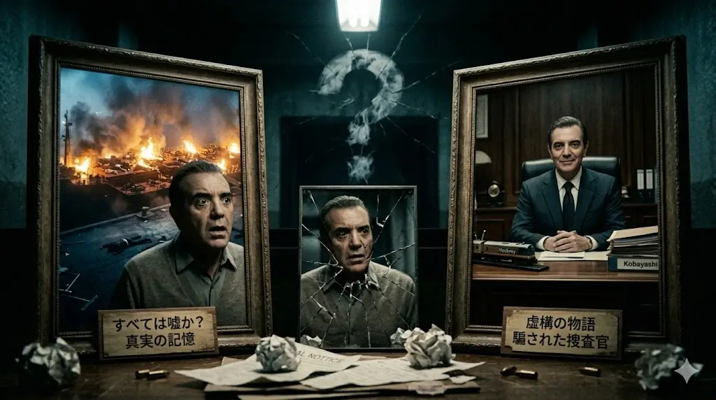 映画『ユージュアル・サスペクツ』の虚構と現実の境界を表現する、2つの鏡に映るクイヤン捜査官とヴァーバル・キントの画像