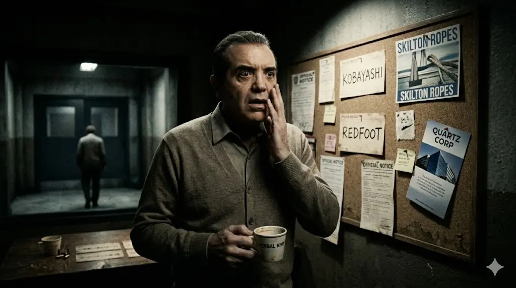 映画『ユージュアル・サスペクツ』のラストで、尋問室の壁の掲示物を見て真実に気づくクイヤン捜査官と、去っていくヴァーバル・キントの背後画像