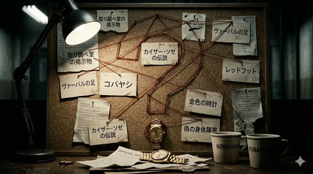 映画『ユージュアル・サスペクツ』の伏線を象徴する、尋問室の壁の掲示物、コバヤシのカップ、そして赤い糸で繋がれた証拠ボードの画像