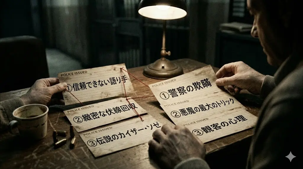 映画『ユージュアル・サスペクツ』の物語構造(信頼できない語り手、伏線、カイザー・ソゼの伝説)を象徴する、整理されたインデックスカードと男の手の画像